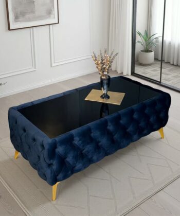 Chester Lux Coffee Table Velvet Dark Blue Rectangle 123x63x45cm with Glass