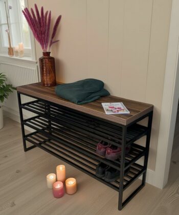 Modern Urban Shoe Bench – Black Metal & Wood, Heavy Duty