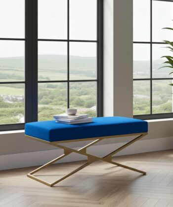 Gold Metal Frame Bench with Blue Velour Blue Upholstery