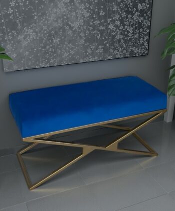 Gold Metal Frame Bench with Blue Velour Blue Upholstery