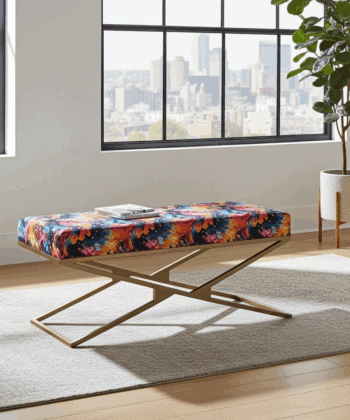 Gold Metal Frame Bench with Premium Velour Upholstery