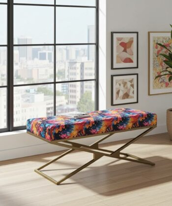 Gold Metal Frame Bench with Premium Velour Upholstery