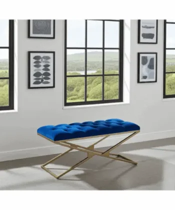Luxurious Blue Velvet Bench with Gold Metal Double X-Frame