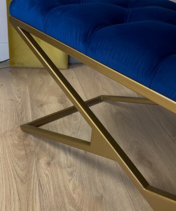 Luxurious Blue Velvet Bench with Gold Metal Double X-Frame