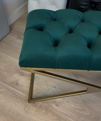 Luxurious Green Velvet Bench with Gold Metal Double X-Frame