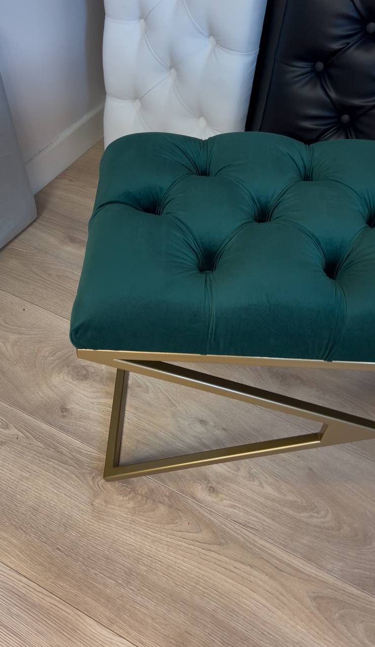 Luxurious Green Velvet Bench with Gold Metal Double X-Frame