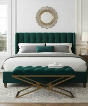 Luxurious Green Velvet Bench with Gold Metal Double X-Frame