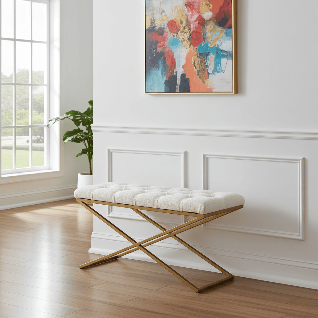 Metal-Framed Bench 100x40cm Gold Frame / White Boucle