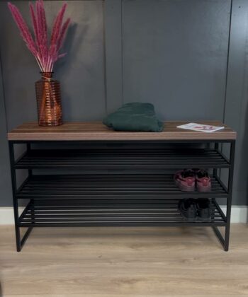 Modern Urban Shoe Bench – Black Metal & Wood, Heavy Duty