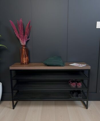 Modern Urban Shoe Bench – Black Metal & Wood, Heavy Duty