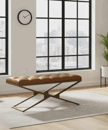 Tan Eco Leather Bench with Gold Metal Double X-Frame – Handcrafted Quality