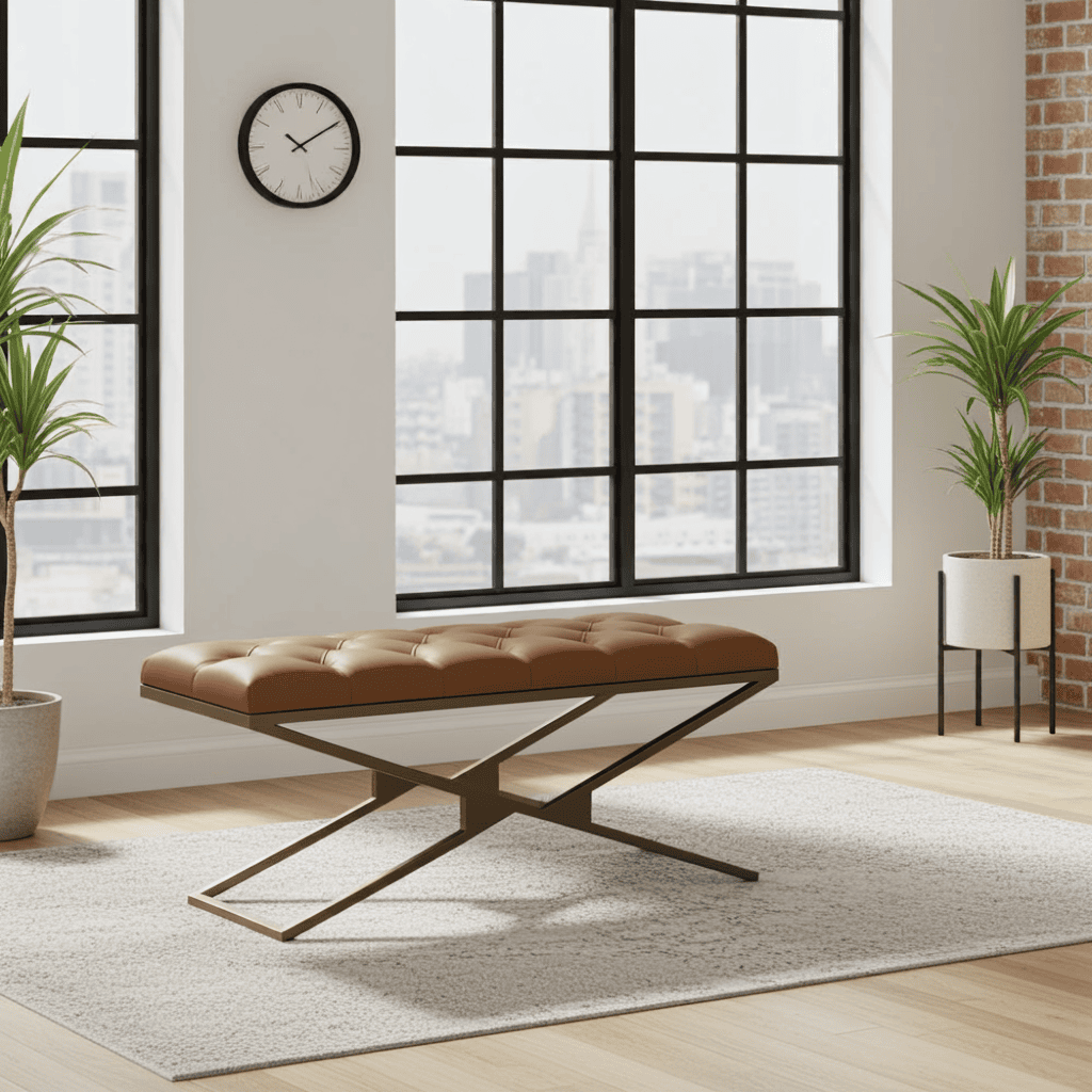 Tan Eco Leather Bench with Gold Metal Double X-Frame – Handcrafted Quality