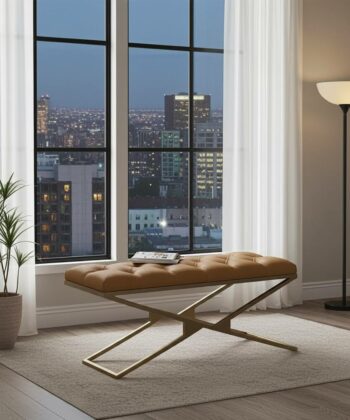 Tan Eco Leather Bench with Gold Metal Double X-Frame – Handcrafted Quality