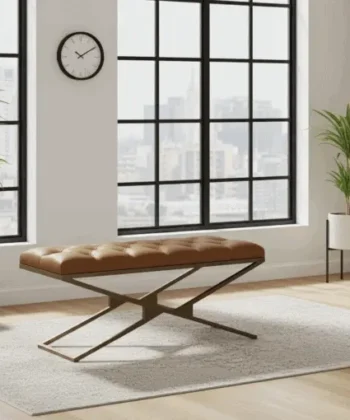 Tan Eco Leather Bench with Gold Metal Double X-Frame &ndash; Handcrafted Quality