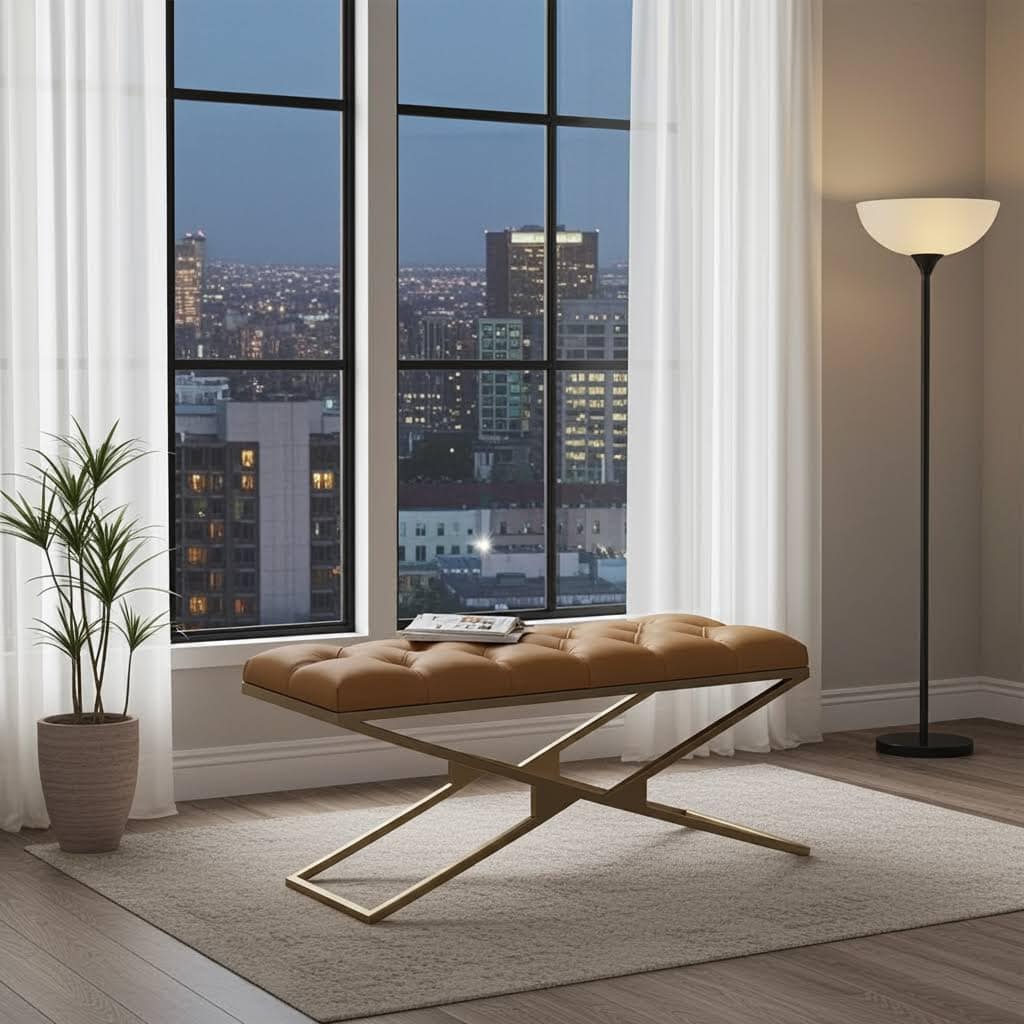 Tan Eco Leather Bench with Gold Metal Double X-Frame – Handcrafted Quality