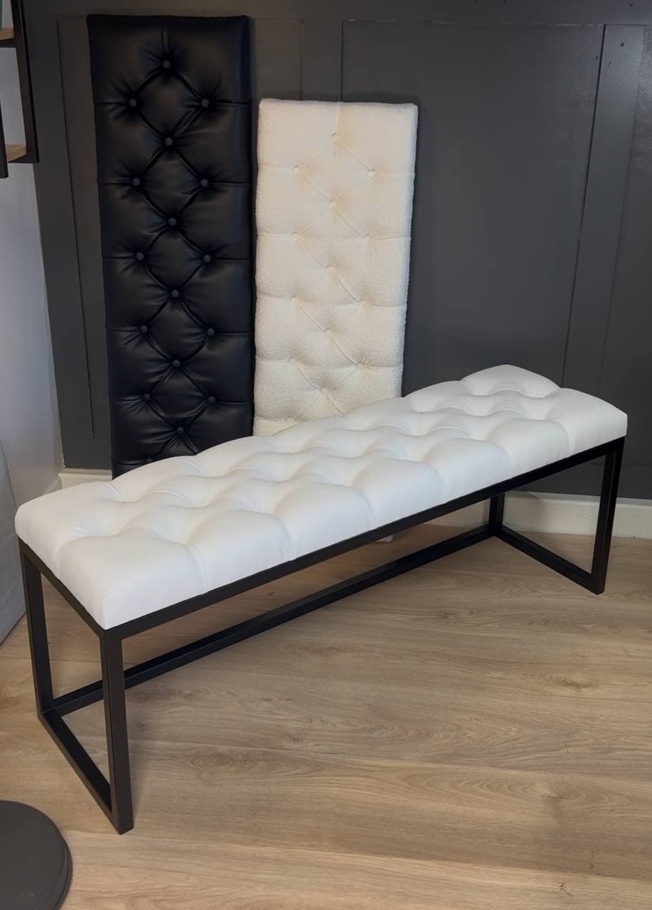 White Tufted Loft Bench 140x40cm - Industrial Design