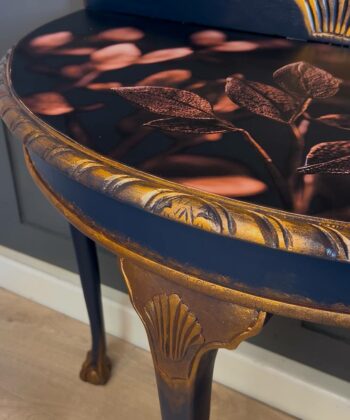 Navy Blue and Gold Console Table with Botanical Top