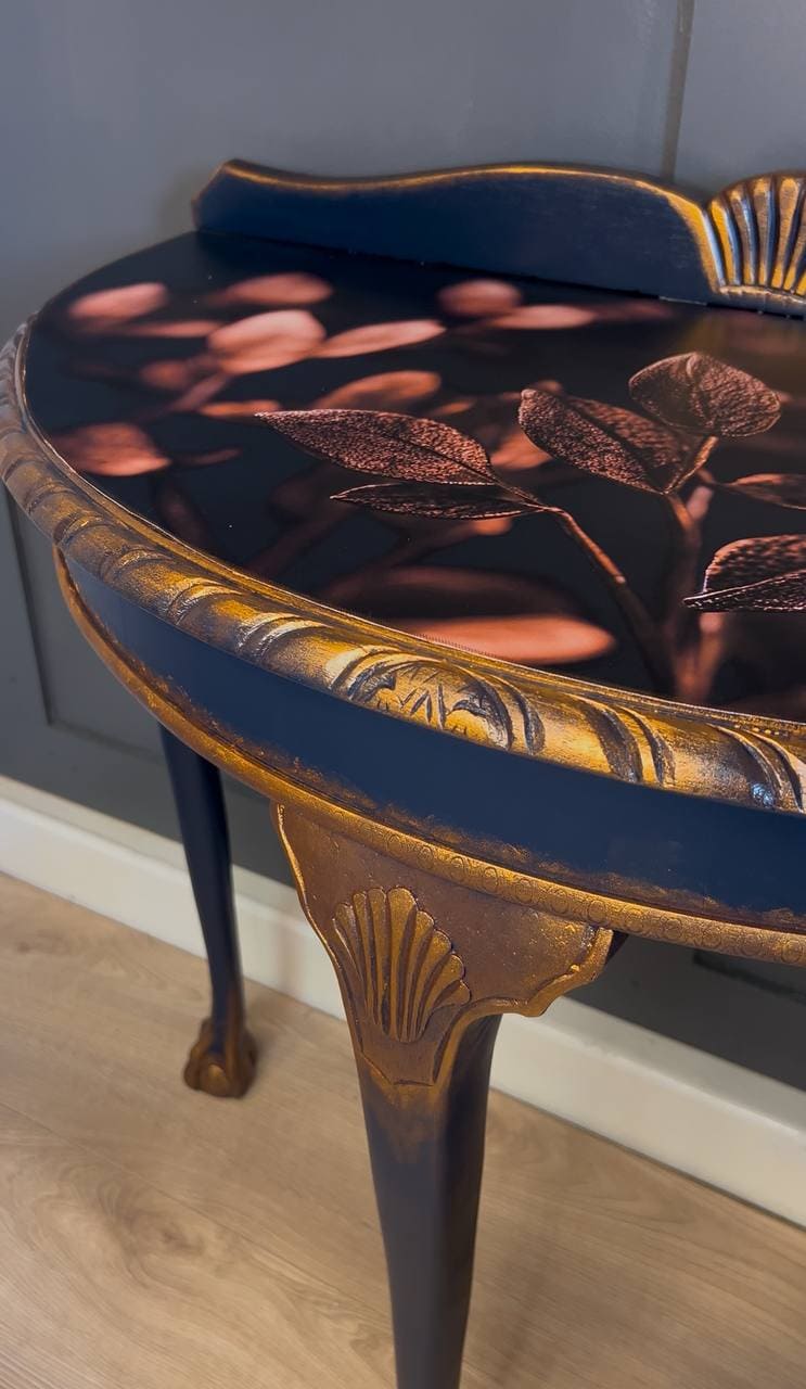 Navy Blue and Gold Console Table with Botanical Top