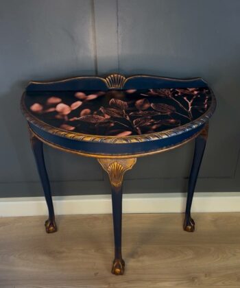 Navy Blue and Gold Console Table with Botanical Top
