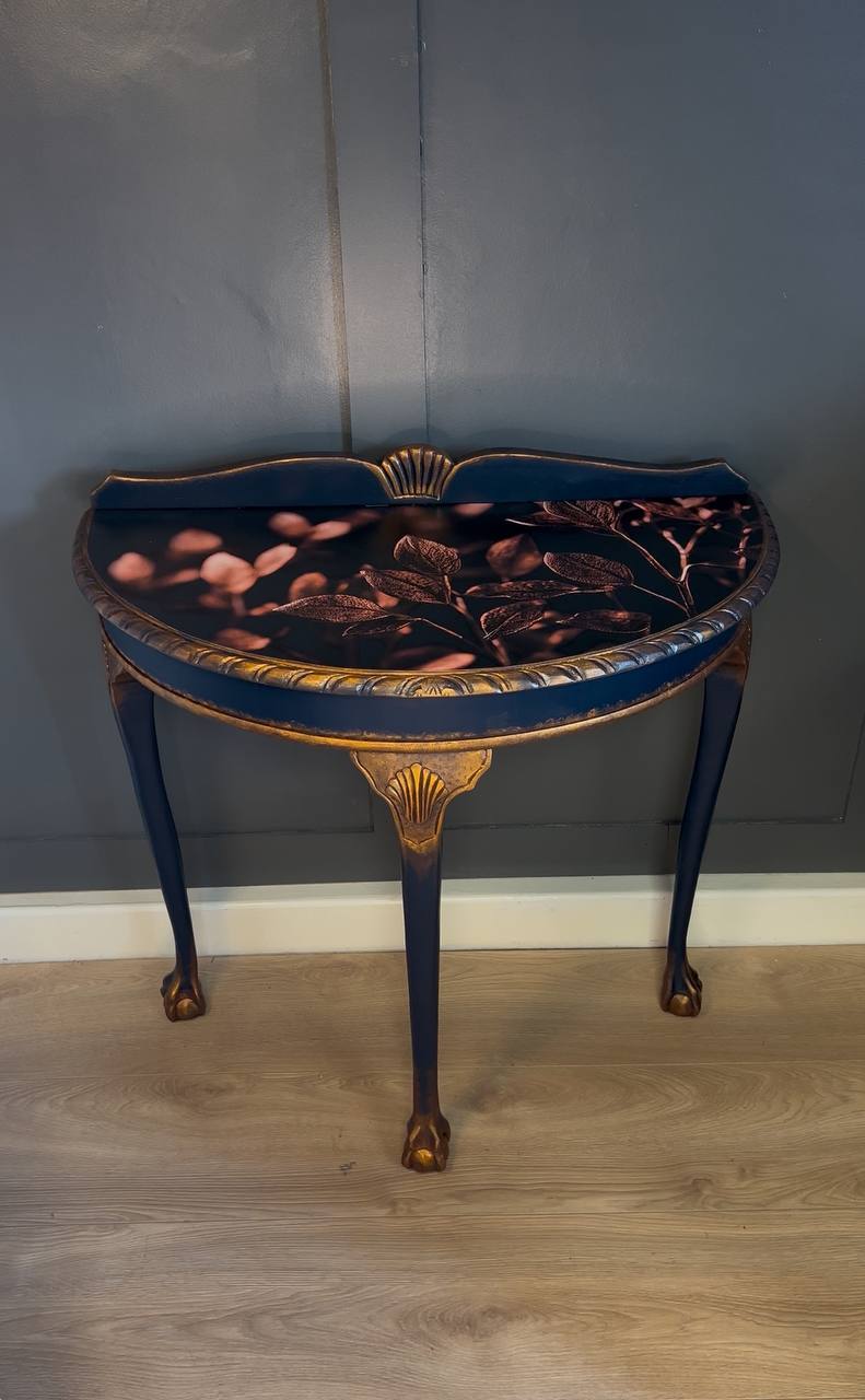 Navy Blue and Gold Console Table with Botanical Top