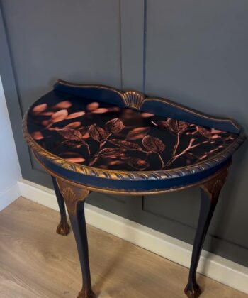 Navy Blue and Gold Console Table with Botanical Top