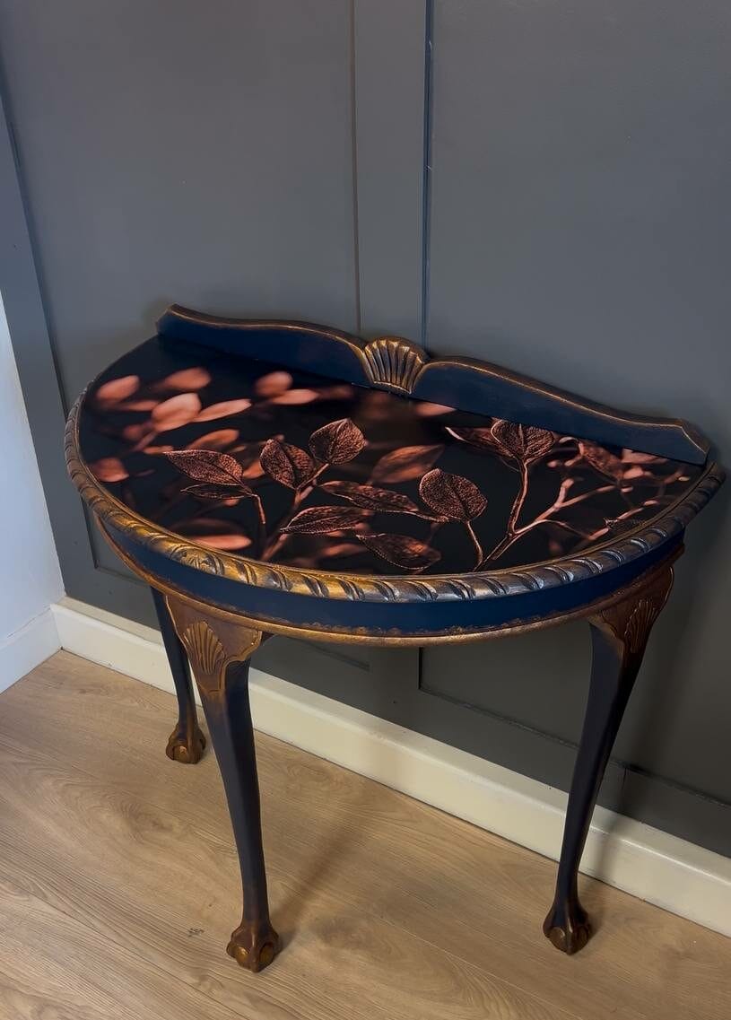 Navy Blue and Gold Console Table with Botanical Top