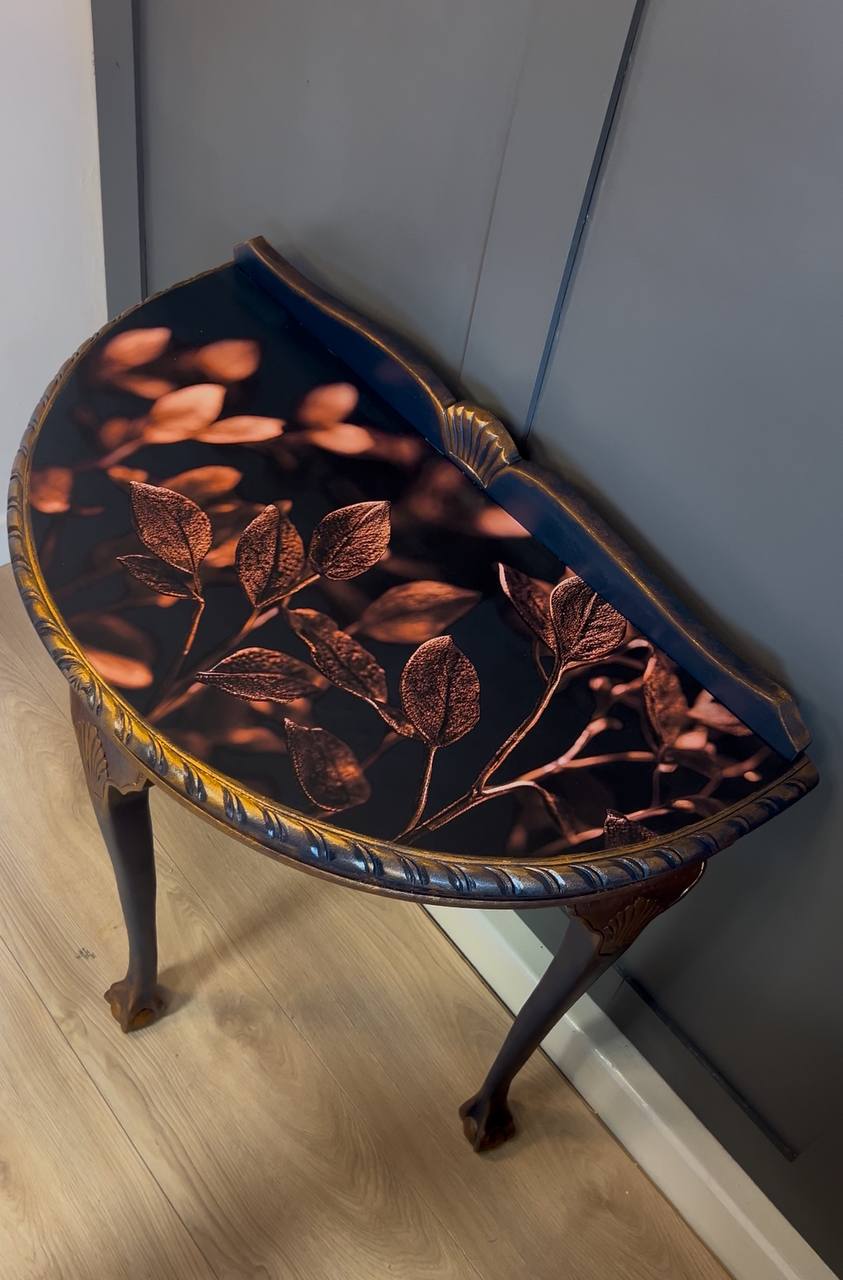 Navy Blue and Gold Console Table with Botanical Top