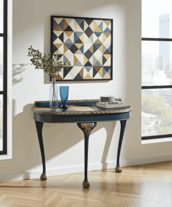 Regal Blue Console Table Hand-Painted Canvas Top, Gold Accents