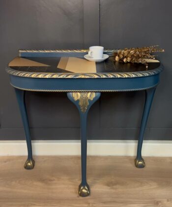Regal Blue Console Table Hand-Painted Canvas Top, Gold Accents