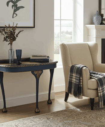 Regal Blue Console Table Hand-Painted Canvas Top, Gold Accents