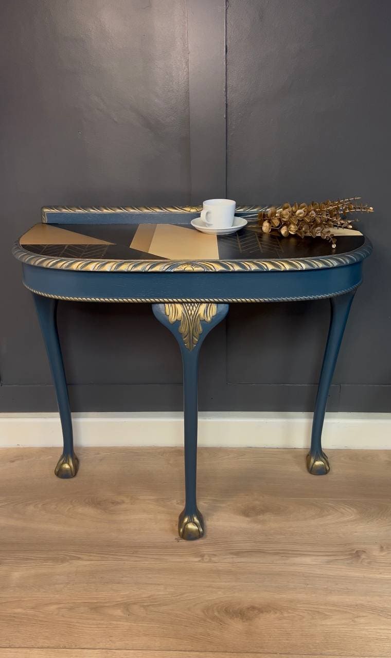 Regal Blue Console Table Hand-Painted Canvas Top, Gold Accents