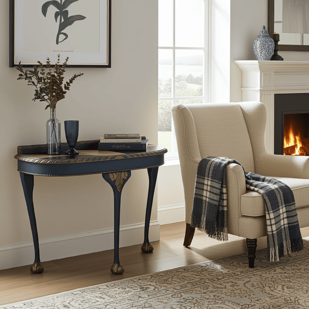Regal Blue Console Table Hand-Painted Canvas Top, Gold Accents