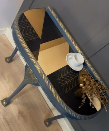 Regal Blue Console Table Hand-Painted Canvas Top, Gold Accents