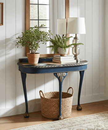Regal Blue Console Table Hand-Painted Canvas Top, Gold Accents