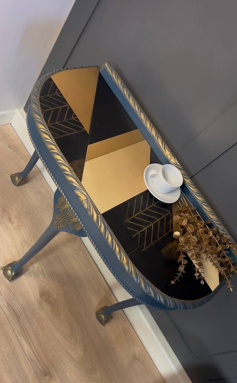 Regal Blue Console Table Hand-Painted Canvas Top, Gold Accents