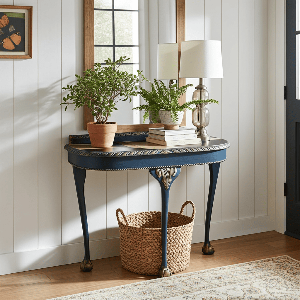 Regal Blue Console Table Hand-Painted Canvas Top, Gold Accents