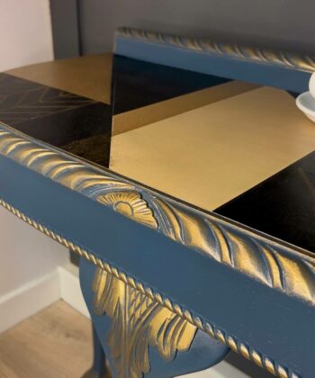 Regal Blue Console Table Hand-Painted Canvas Top, Gold Accents