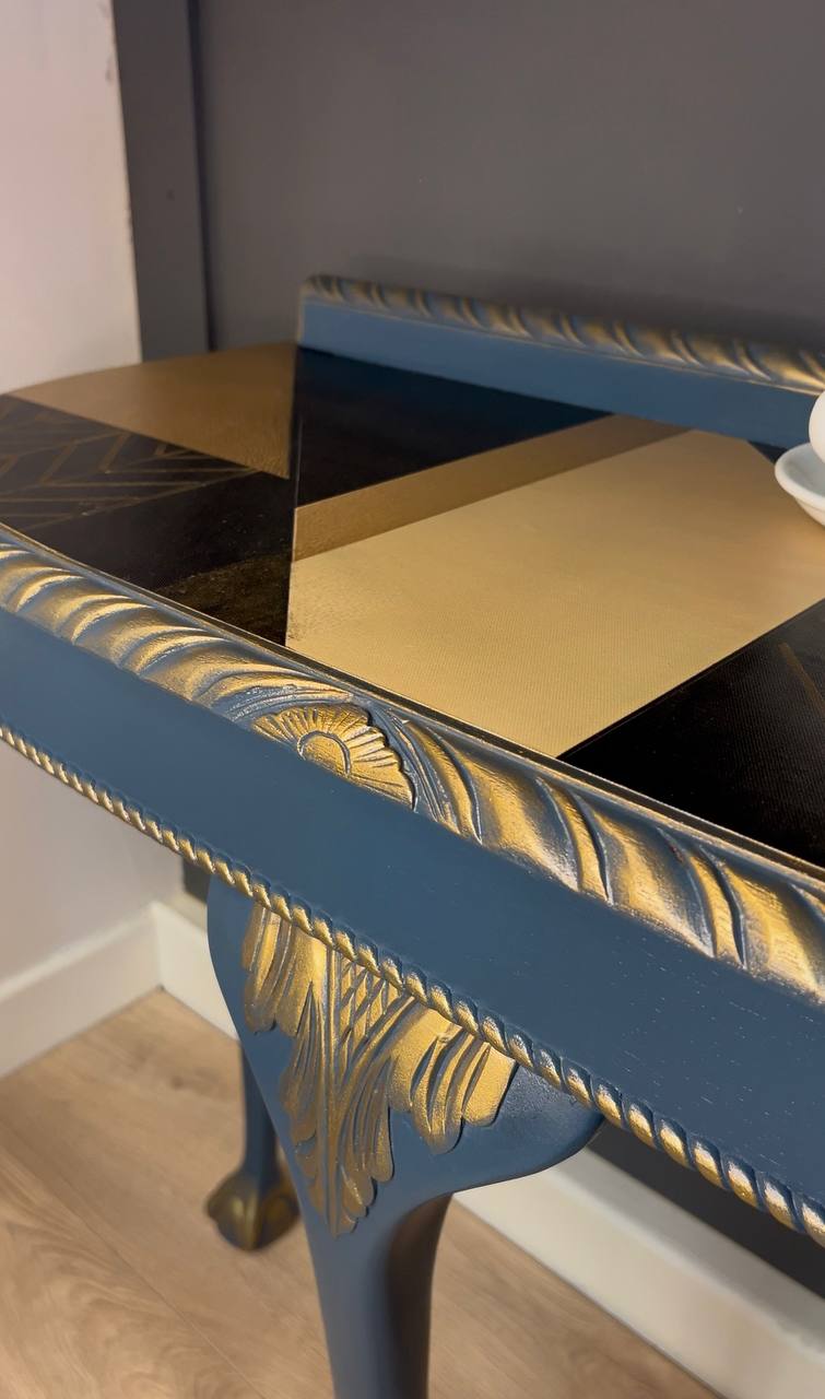 Regal Blue Console Table Hand-Painted Canvas Top, Gold Accents