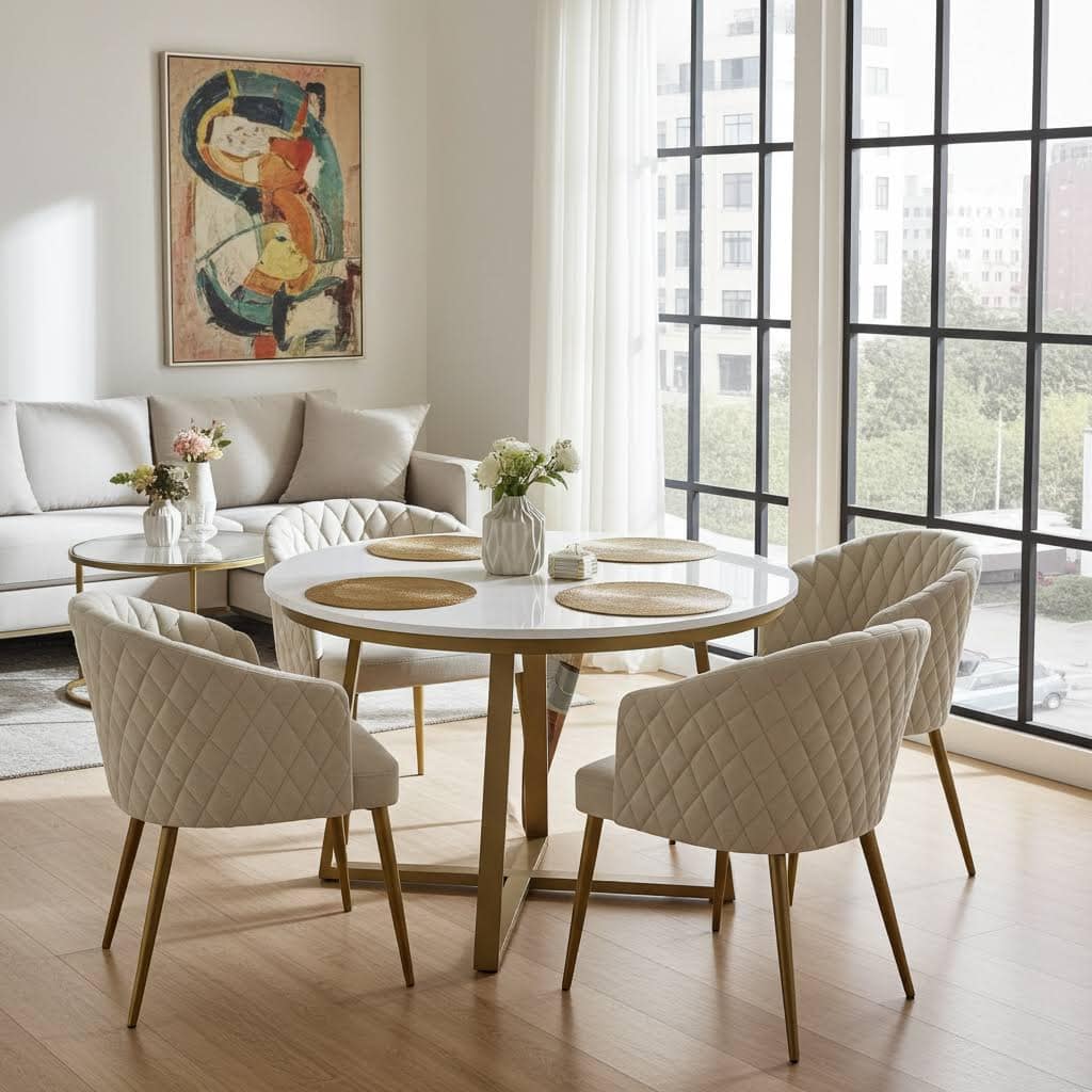 CELESTE Antique Gold Round Dining Table (Ø120cm | High-Gloss Glass-Effect MDF & Seamless Welded Metal Base)