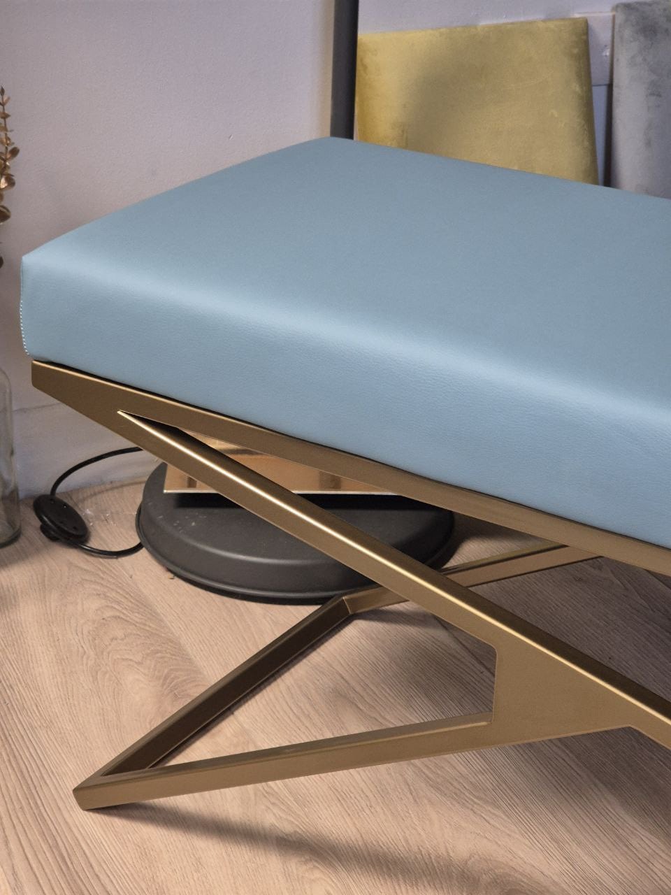 Luxury Eco Leather Bench – Gold Powder-Coated Metal, Heavy Duty