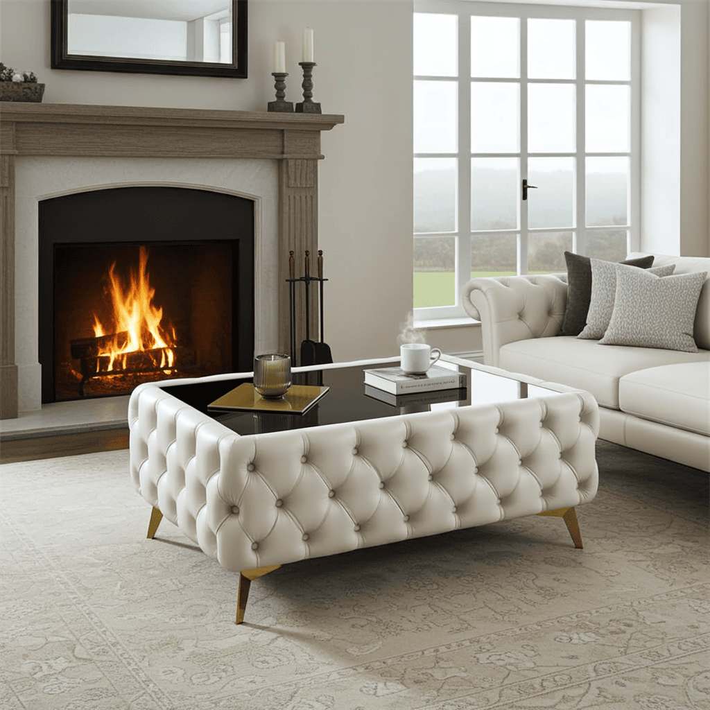 Chester Lux Coffee Table Beige Rectangle 123x63x45cm with Glass