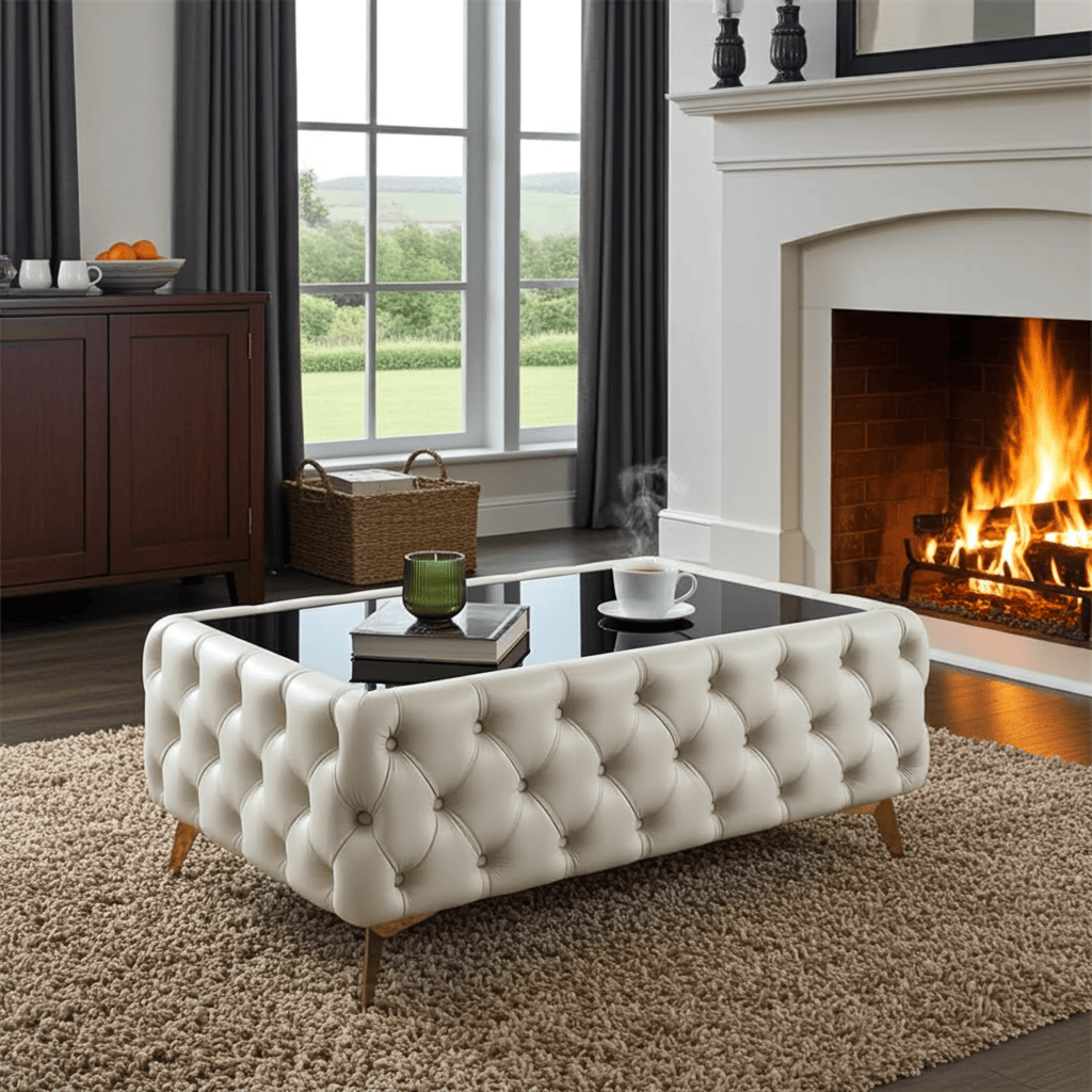 Chester Lux Coffee Table Beige Rectangle 123x63x45cm with Glass