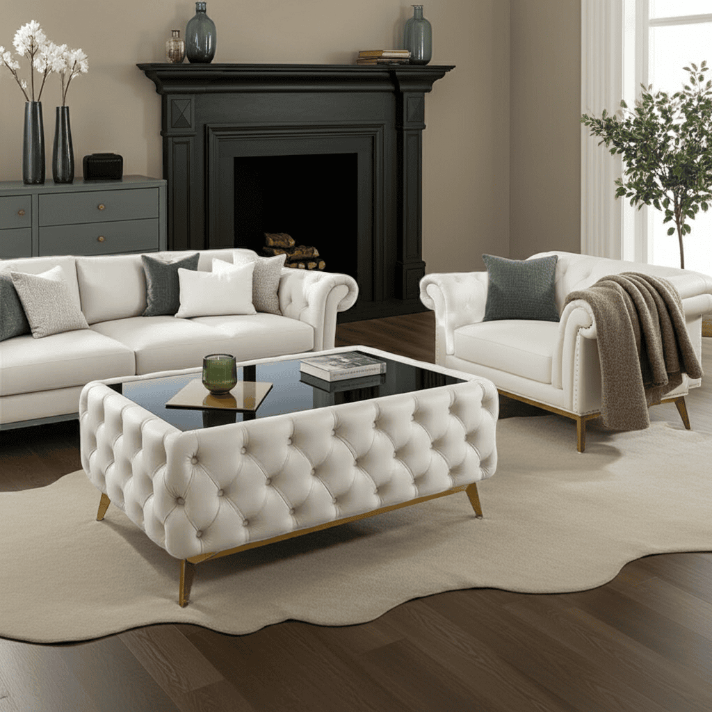 Chester Lux Coffee Table Beige Rectangle 123x63x45cm with Glass