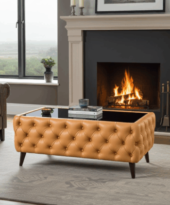 Chester Lux Coffee Table Eco Leather  Carmel  Rectangle 123x63x45cm with Glass