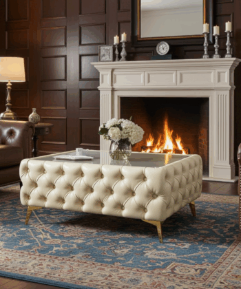 Chester Lux Coffee Table Eco Leather  Light Beige Rectangle 123x63x45cm with Glass