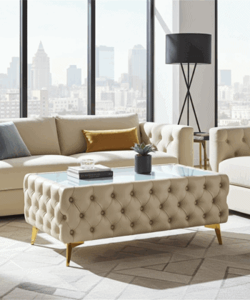 Chester Lux Coffee Table Eco Leather Light Beige Rectangle 103x63x45cm with Glass