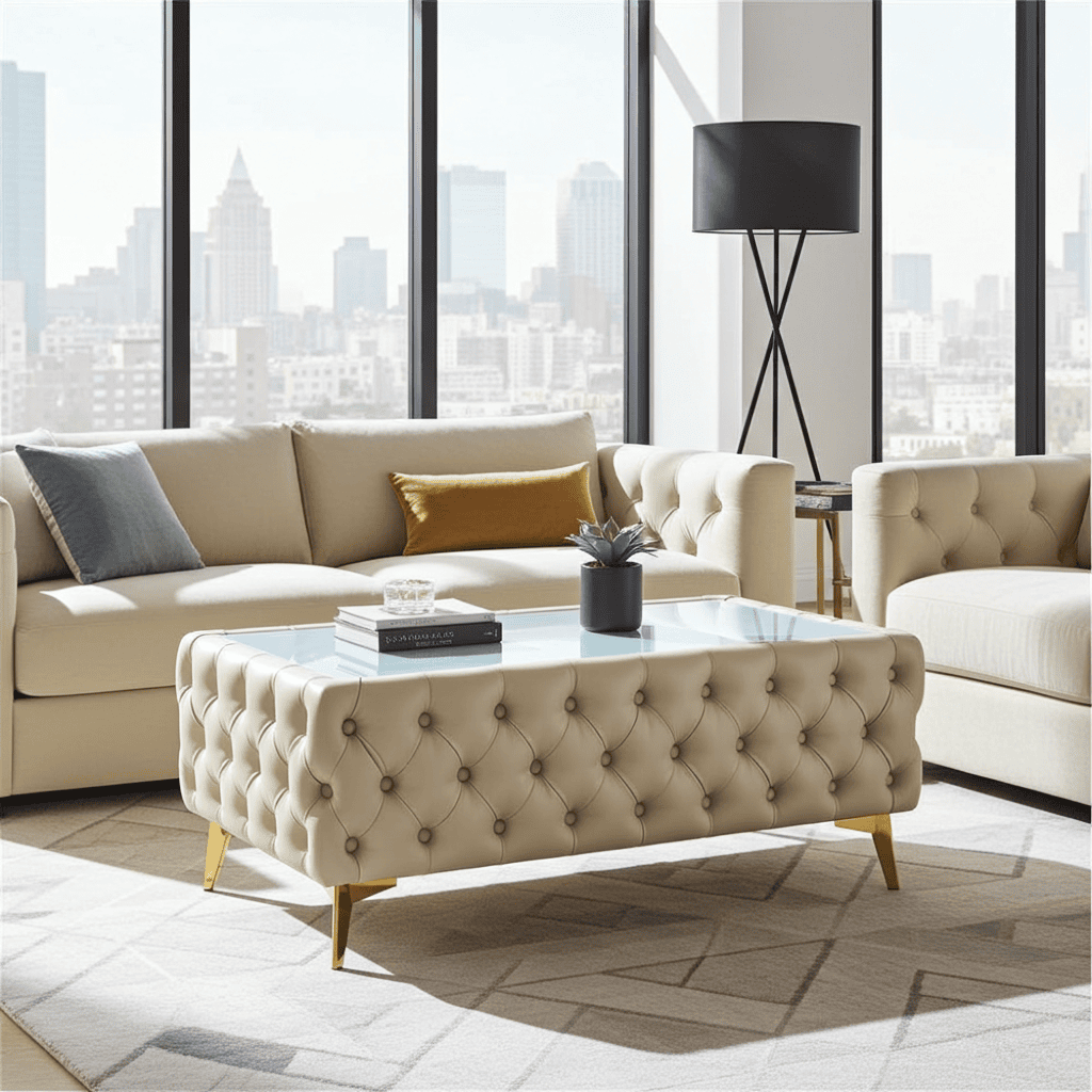 Chester Lux Coffee Table Eco Leather Light Beige Rectangle 103x63x45cm with Glass