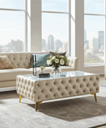 Chester Lux Coffee Table Eco Leather Light Beige Rectangle 103x63x45cm with Glass