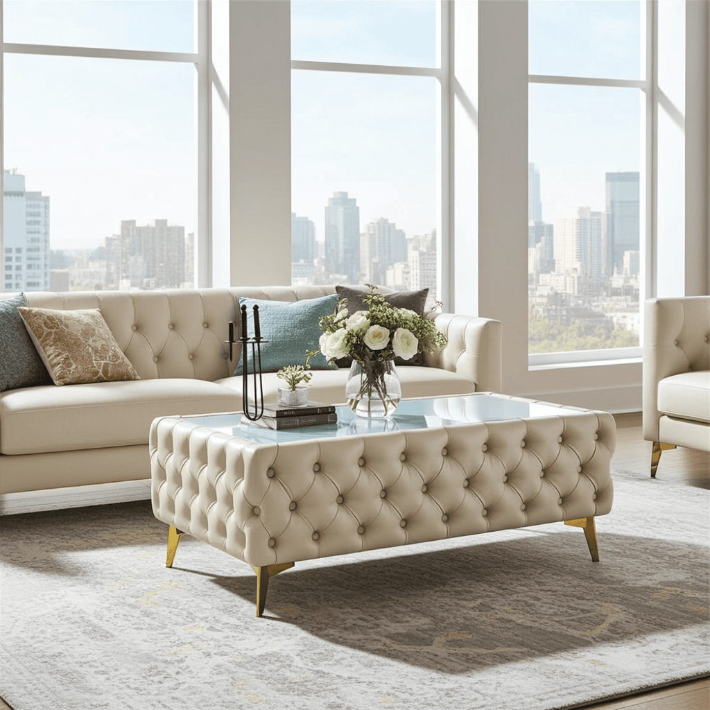 Chester Lux Coffee Table Eco Leather Light Beige Rectangle 103x63x45cm with Glass