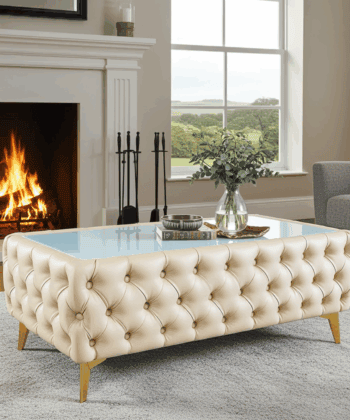 Chester Lux Coffee Table Eco Leather Light Beige Rectangle 103x63x45cm with Glass